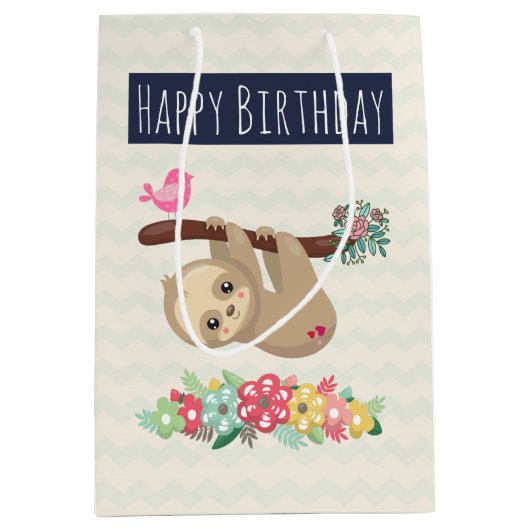 Schattigee bruine luiaard ondersteboven Verjaardag Medium Cadeauzakje (Voorkant)
