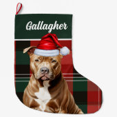 Schattigee Bruine Pitbull Hond Rood Groen Plaid Cu Grote Kerstsok (Voorkant)
