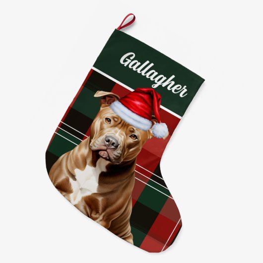 Schattigee Bruine Pitbull Hond Rood Groen Plaid Cu Grote Kerstsok (Voorkant (Hangend))