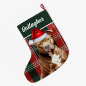 Schattigee Bruine Pitbull Hond Rood Groen Plaid Cu Grote Kerstsok (Achterkant (Hangend))