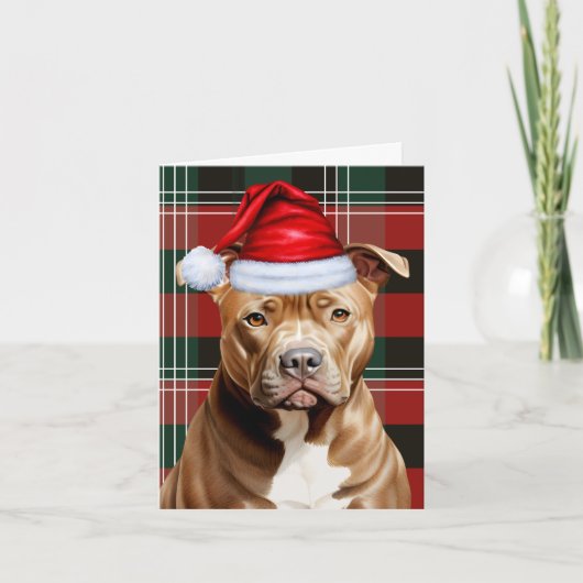 Schattigee Bruine Pitbull Santa Dog Red Green Plai Feestdagen Kaart (Voorkant)