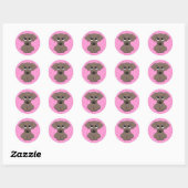 Schattigee, bruine puppy dog op roze poot print ac ronde sticker (Vel)