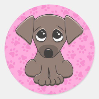 Schattigee, bruine puppy dog op roze poot print ac ronde sticker