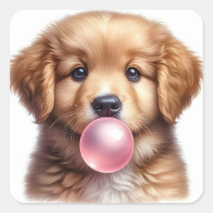 Schattigee bruine puppy hond blazen bubble gum vierkante sticker