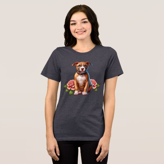 Schattigee bruine puppy met Rozen Tri-Blend Shirt (Voorkant volledig)