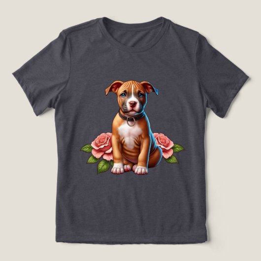 Schattigee bruine puppy met Rozen Tri-Blend Shirt (Design voorkant)