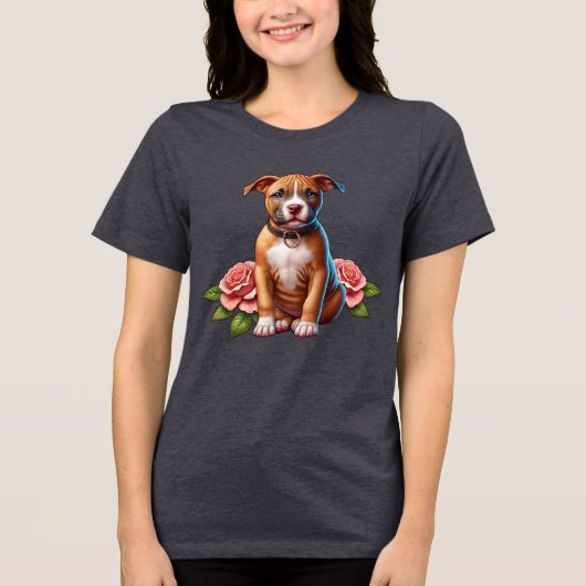 Schattigee bruine puppy met Rozen Tri-Blend Shirt (Voorkant)