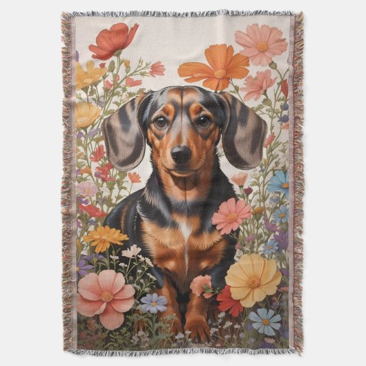 Schattigee bruine teckel en kosmos bloemen deken (Voorkant Verticaal)