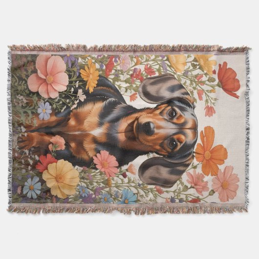 Schattigee bruine teckel en kosmos bloemen deken (Voorkant)