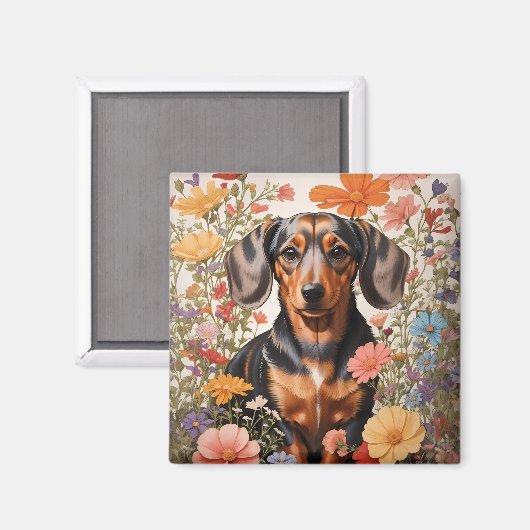 Schattigee bruine teckel en kosmos bloemen magneet (Voorkant / Achterkant)