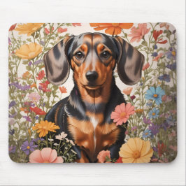 Schattigee bruine teckel en kosmos bloemen muismat