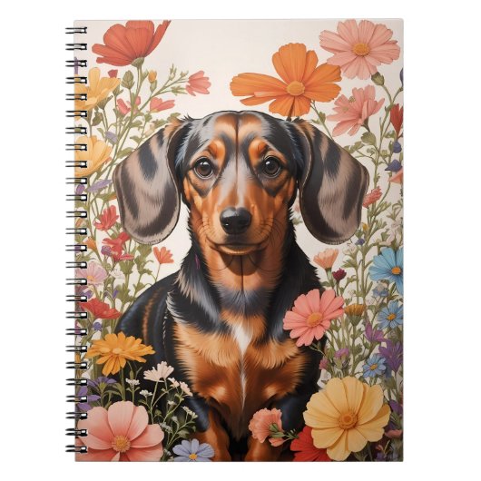 Schattigee bruine teckel en kosmos bloemen notitieboek (Voorkant)