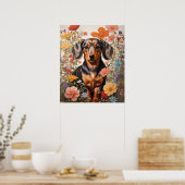 Schattigee bruine teckel en kosmos bloemen poster (Keuken)