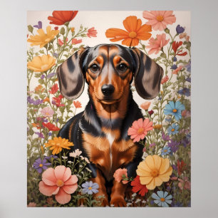 Schattigee bruine teckel en kosmos bloemen poster