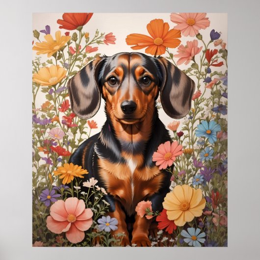 Schattigee bruine teckel en kosmos bloemen poster (Voorkant)