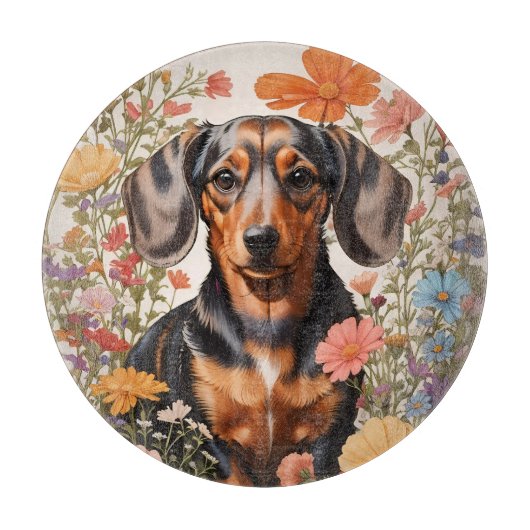 Schattigee bruine teckel en kosmos bloemen snijplank (Voorkant)