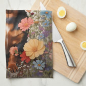 Schattigee bruine teckel en kosmos bloemen theedoek (Quarter Fold)