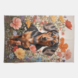 Schattigee bruine teckel en kosmos bloemen theedoek