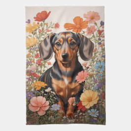 Schattigee bruine teckel en kosmos bloemen theedoek