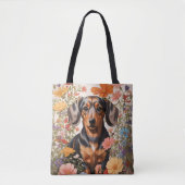 Schattigee bruine teckel en kosmos bloemen tote bag (Voorkant)