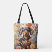 Schattigee bruine teckel en kosmos bloemen tote bag (Achterkant)