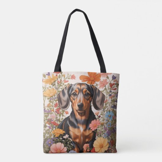 Schattigee bruine teckel en kosmos bloemen tote bag (Achterkant)