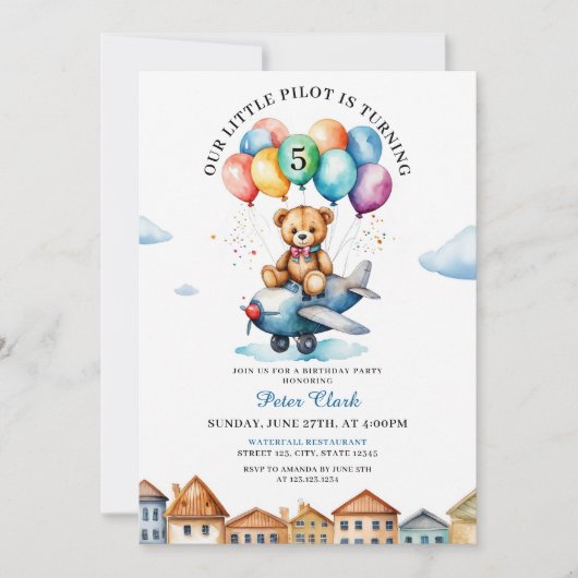 Schattigee bruine teddybeer Vliegtuig 5e Verjaarda Kaart (Voorkant)