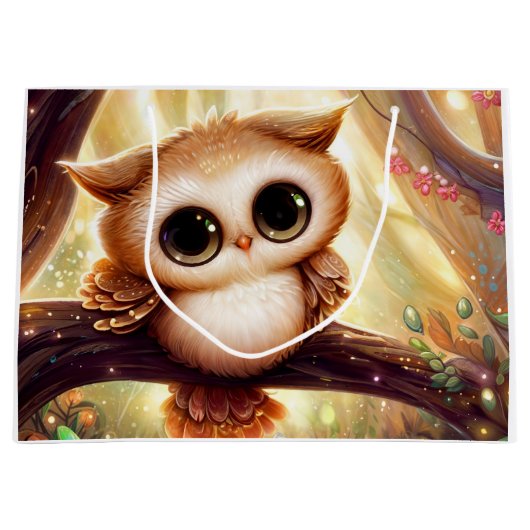 Schattigee bruine uil op een tak groot cadeauzakje (Voorkant)