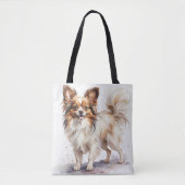 SCHATTIGEE BRUINE & WITTE PAPILLON PUPPY HOND TOTE BAG (Voorkant)