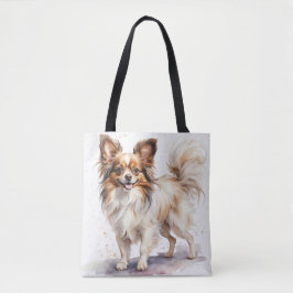 SCHATTIGEE BRUINE & WITTE PAPILLON PUPPY HOND TOTE BAG