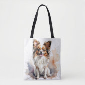SCHATTIGEE BRUINE & WITTE PAPILLON PUPPY HOND TOTE BAG (Voorkant)
