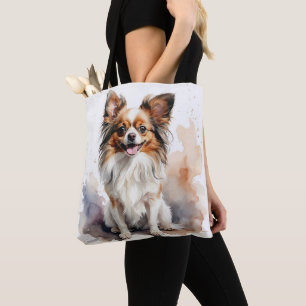 SCHATTIGEE BRUINE & WITTE PAPILLON PUPPY HOND TOTE BAG