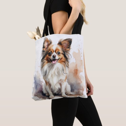 SCHATTIGEE BRUINE & WITTE PAPILLON PUPPY HOND TOTE BAG (Dichtbij)