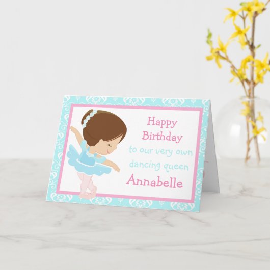 Schattigee Brunette Ballerina Verjaardag Kaart (Gele Bloem)