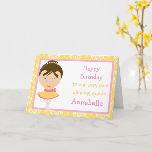 Schattigee Brunette Ballerina Verjaardag Kaart (Gele Bloem)