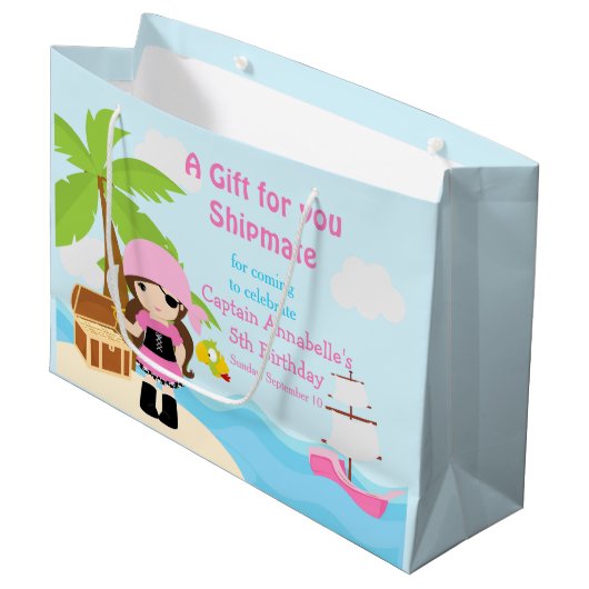 Schattigee Brunette Pirate Girl in Roze Dank U Groot Cadeauzakje (Voorkant Gekanteld)