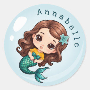 Schattigee Brunette Zeemeermin in een Bubble Perso Ronde Sticker