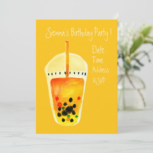 Schattigee bubbelthee meisjes verjaardagsfeestje kaart (Staand voorkant)