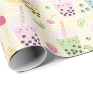 Schattigee Bubble Tea op gele en witte streep Cadeaupapier