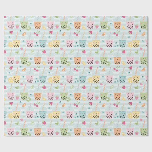 Schattigee Bubble Tea op lichtblauwe witte streep Cadeaupapier (Vlak)