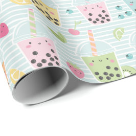 Schattigee Bubble Tea op lichtblauwe witte streep Cadeaupapier
