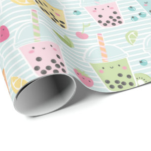 Schattigee Bubble Tea op lichtblauwe witte streep Cadeaupapier