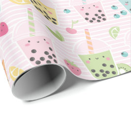 Schattigee Bubble Tea op lichtroze en witte streep Cadeaupapier