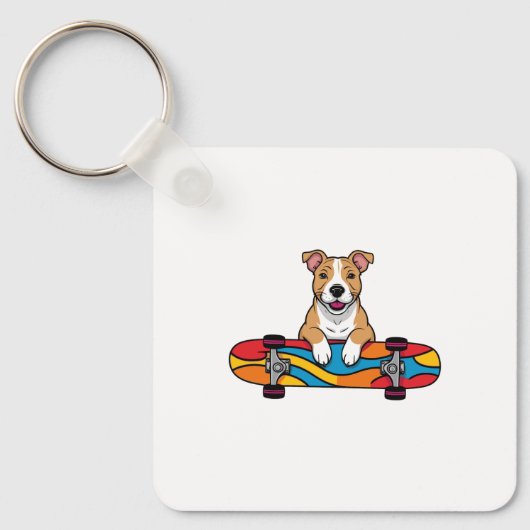 Schattigee Bull Terrier op een skateboard Sleutelhanger (Voorkant)