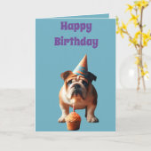 Schattigee Bulldog Draagt een Verjaardag Pet Kaart (Gele Bloem)
