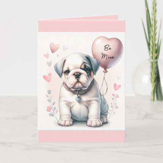 Schattigee bulldog puppy be mijn roze Valentijnsda Kaart (Voorkant)