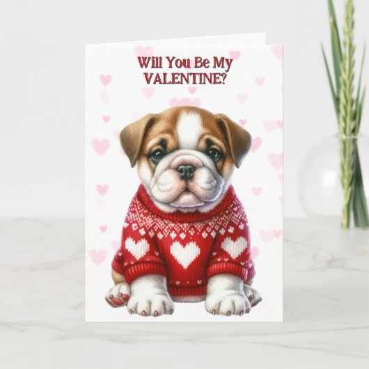 Schattigee Bulldog Puppy in Trui Valentijn Feestdagen Kaart (Voorkant)