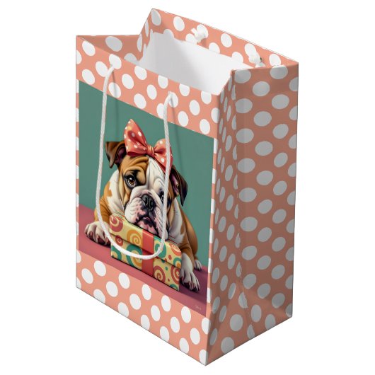 Schattigee Bulldog verjaardag Polka Dot Medium Cadeauzakje (Voorkant Gekanteld)