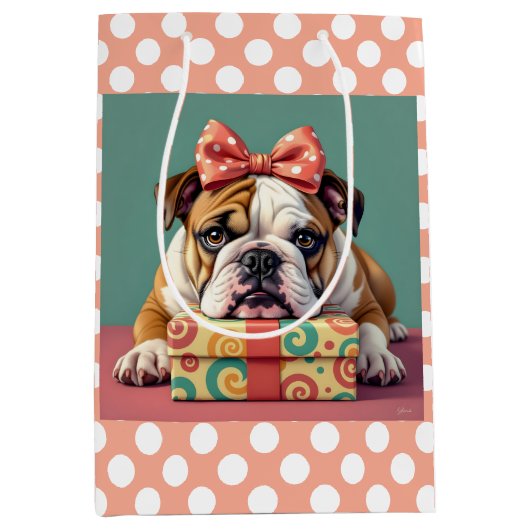 Schattigee Bulldog verjaardag Polka Dot Medium Cadeauzakje (Voorkant)
