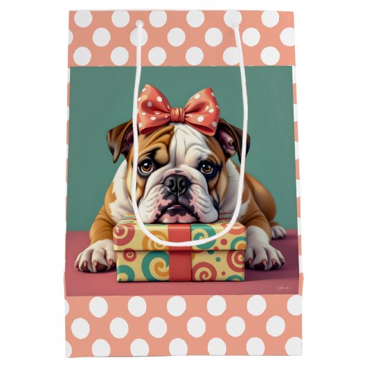 Schattigee Bulldog verjaardag Polka Dot Medium Cadeauzakje (Achterkant)